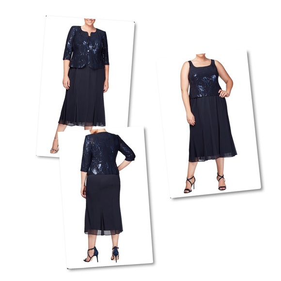NWT/ NWOT Alex Evenings Tea Length Firework Sequin Jacket Dress Navy - Picture 5 of 16